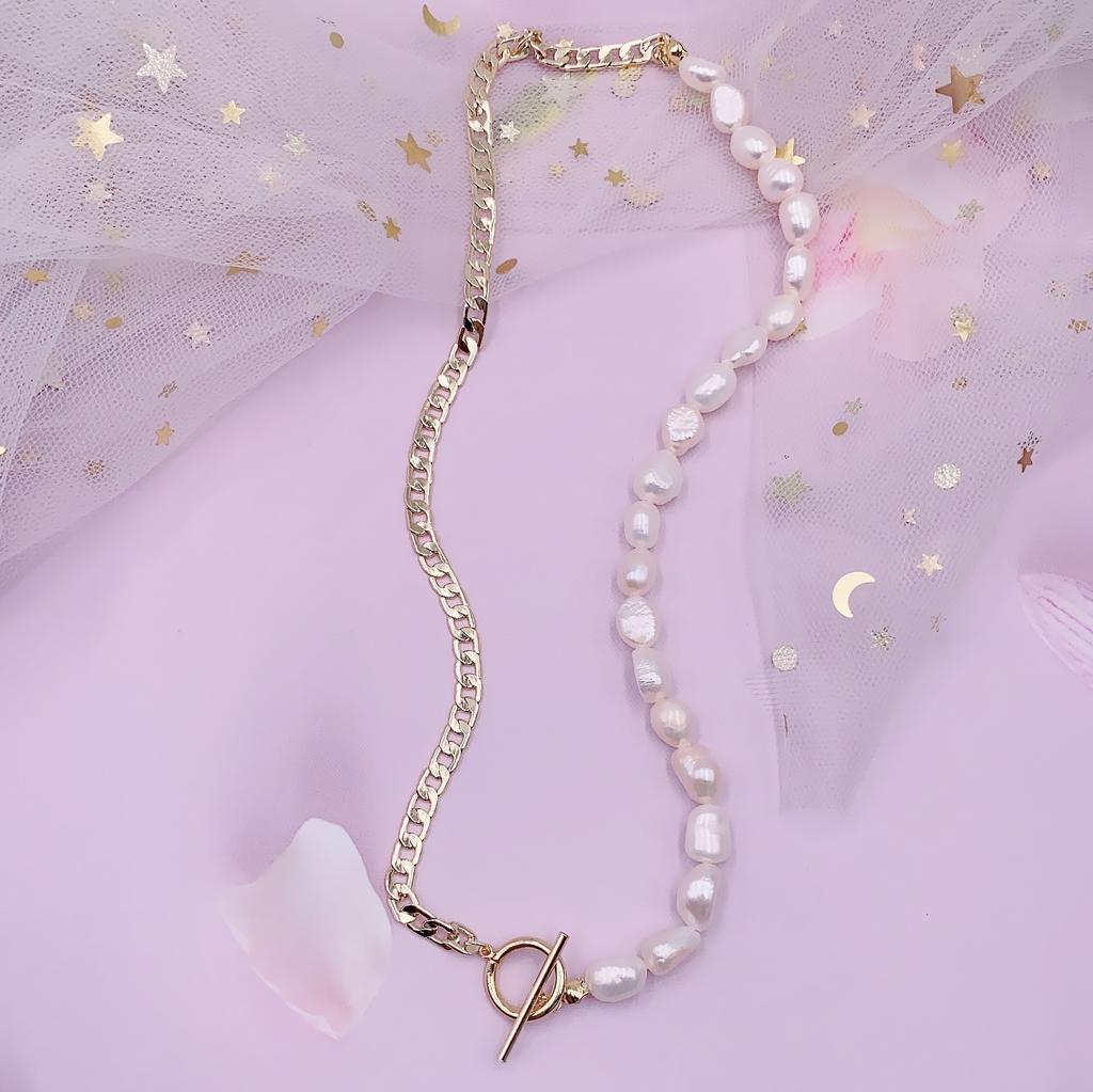 Classic Style OT Buckle Cuban Chain Freshwater Pearl Necklace Half Chain Half Pearl Splicing Gold Necklace
