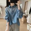 Solid Color Denim Shirt Women's Spring and Autumn Cardigan Loose Long Sleeve Retro Fashion Top