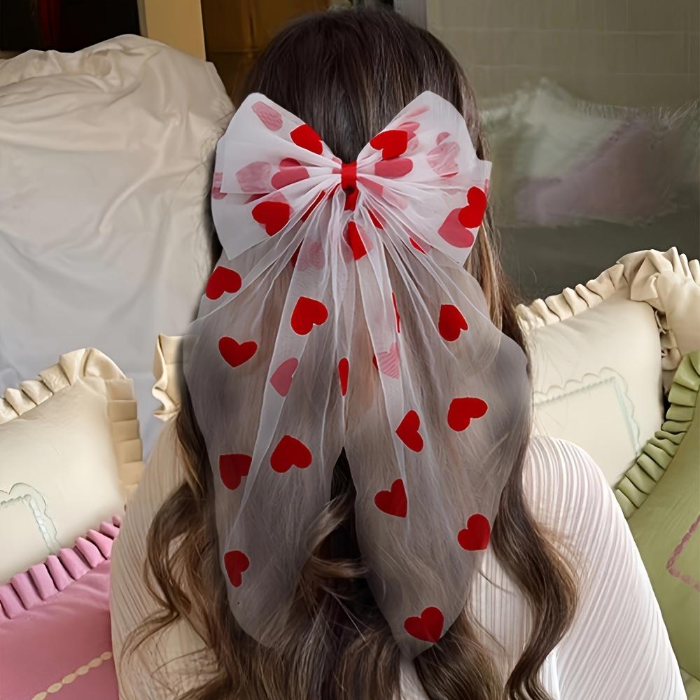 1 Valentine's Day Love Mesh Large Bow Hair Accessory, Girl's Heart Hair Clip Accessory, Versatile Daily, Exquisite and Elegant