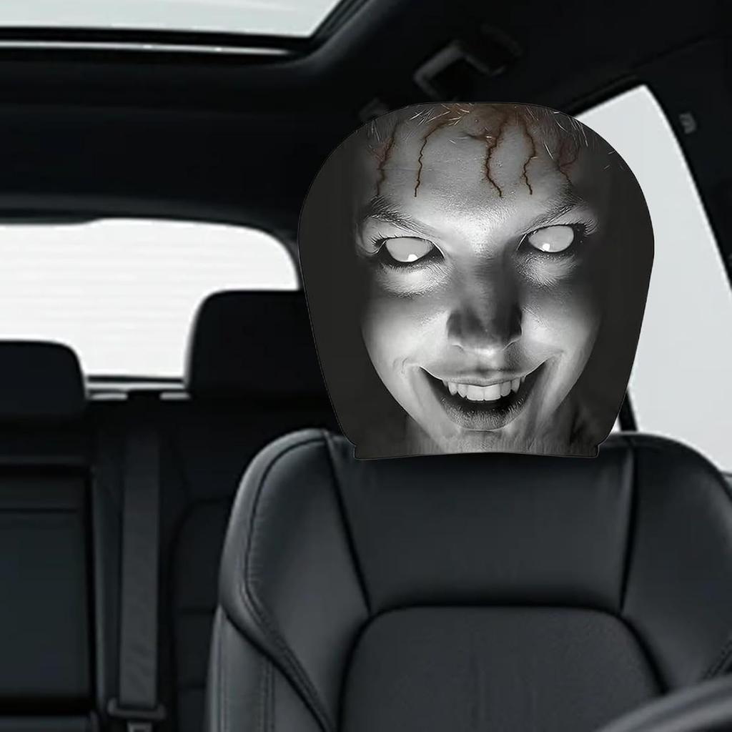 Ghost Face Car Headrest Cover, Funny Scary Face Head Rest Cover for Car | 2 Piece Automotive Scary Face Seat Protector, Fully Surrounded Funny Head