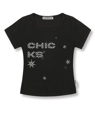 CHICKS Check Asymmetrical Stella Slim Fit Short Sleeve T-Shirt Black