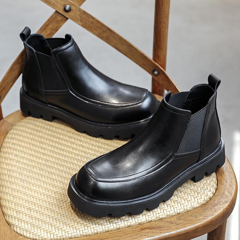 men casual business office chelsea boots black stylish genuine leather shoes cowboy platform boot spring autumn ankle botas mans