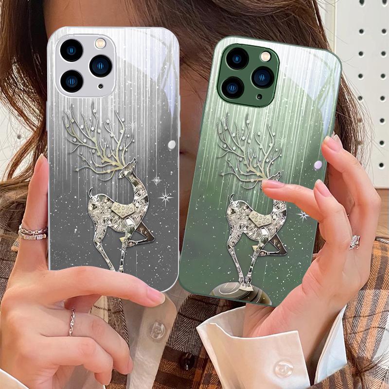 Capa de Vidro Temperado de Luxo Cervo Azul Rosa Para IPhone 16 Pro Max 15 Pro 14 13 12 Mini 11 XS Max XR 7 8 Plus SE 2022