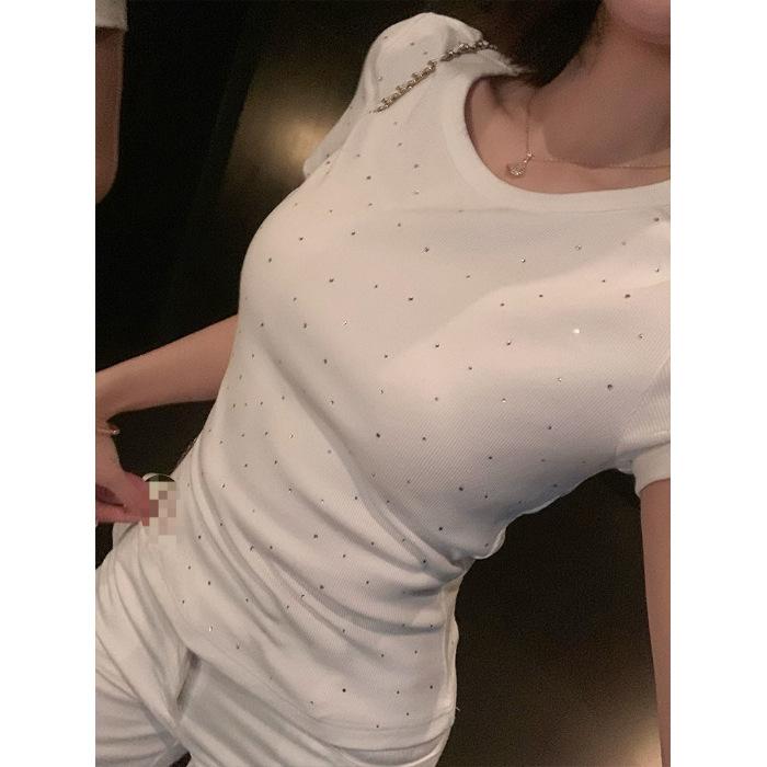 [Imitation Cotton] Hot Diamond White Front Shoulder Short Sleeve T-Shirt Women's Slim Bottom Top American