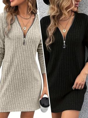 Europäische & amerikanische Mode: Elegantes V-Ausschnitt Reißverschluss Rippstrick Damenkleid für Frühling & Herbst, in Aprikose oder Schwarz - Bequem & Lässig.