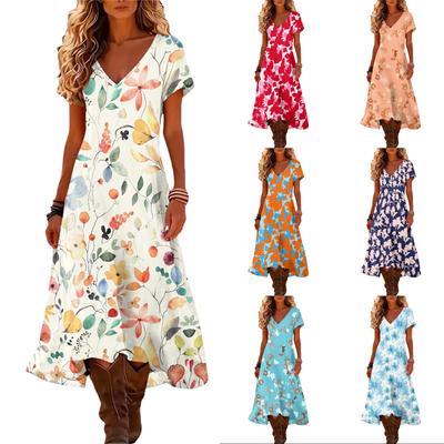 Rochie de plajă la modă pentru femei, de vară, cu decolteu în V, cu mânecă scurtă, cu imprimeu floral retro