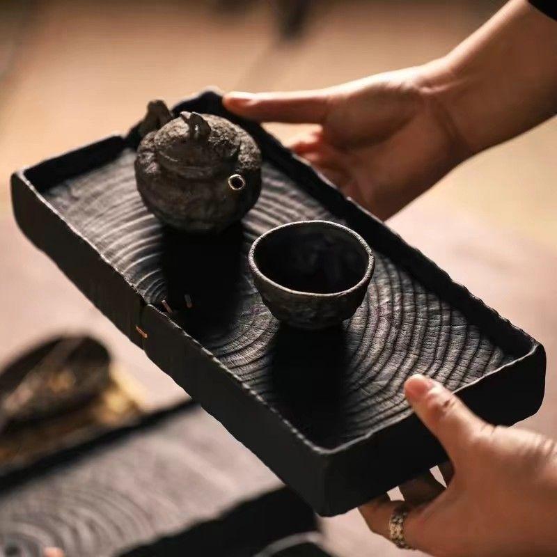 

Solid Wood Carbonized Dry Foam Table Handmade Rectangular Wooden Tea Tray Wabi-Sabi Style Tea Holder Japanese Dry Foam Tray 25x12x5cm