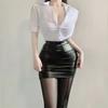 Sexy Uniforme Secreto de OL Disfraz Cosplay Atuendos de Maestra Camisa Falda Mini de Cuero Traje Juego de Rol Ropa para Discoteca Halloween
