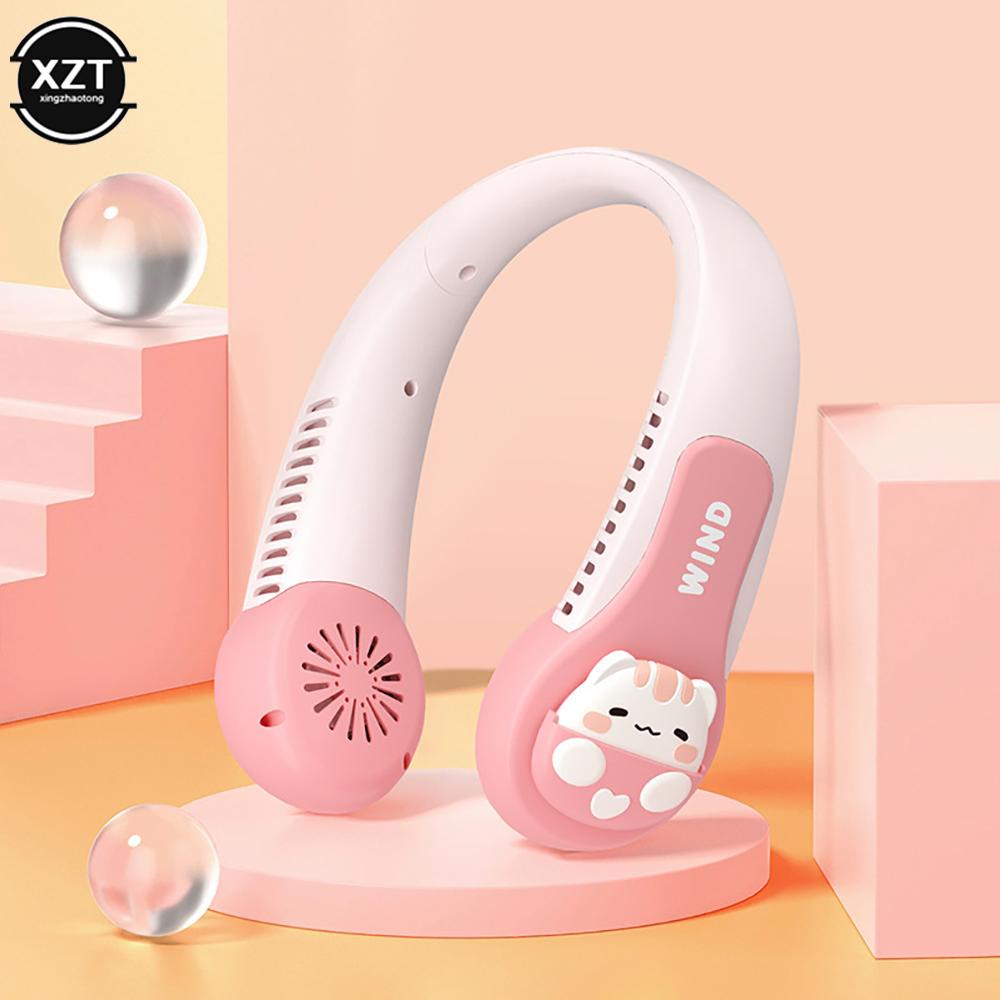 

Usb Neck Bladeless Air Cooler Portable 360-degree Fan-free Anti-winding Hanging Neck Prevent Winding Cartoon Outdoor Sport Fan рожевий