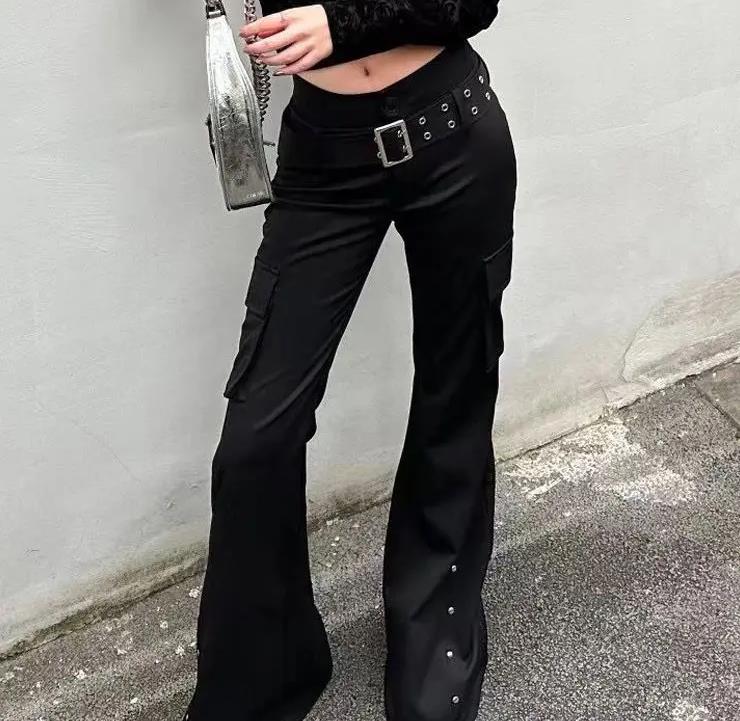 Retro Pure Black Rivet Design Belt Decorative Slim Pants for Women Y2k Harajuku Goth Low-waisted Flared Pants