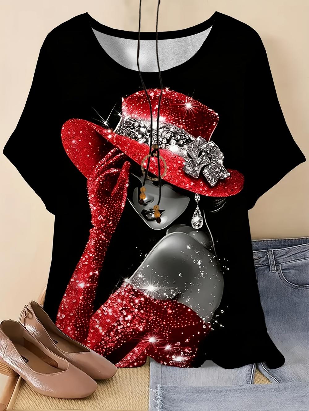 Retro Elegant Women s T-Shirt Ladies Pattern Casual T-Shirt Short-Sleeved Round Neck Tees Women s Clothing Summer Women s Tops S