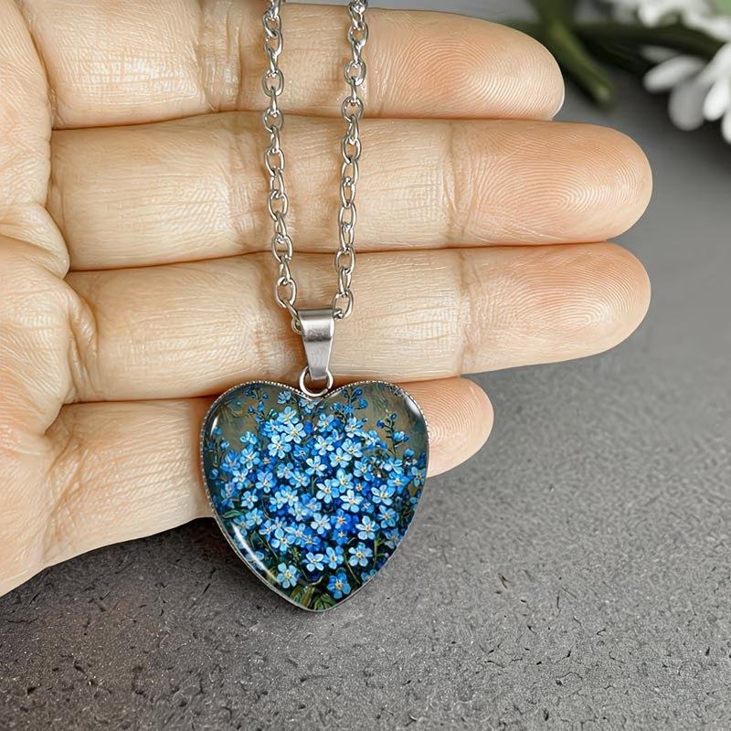 Forget-me-not Bouquet Heart Shape Necklace Glass Pendant Handmade Unisex Jewelry