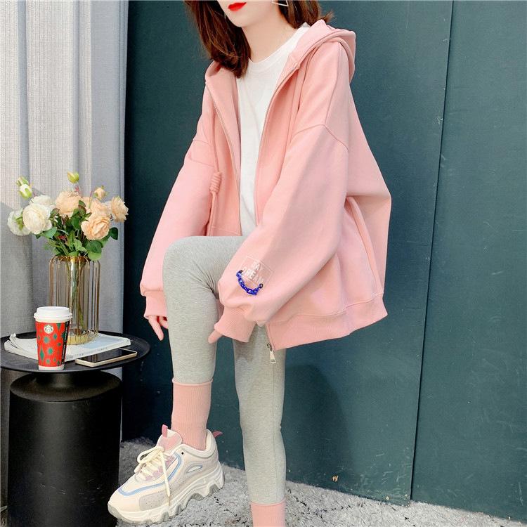 Solid Color Sweatshirt Cardigan Women's Thin Autumn Loose Sweatshirt Jacket Fashionable Long Sleeved Hooded Sweatshirt