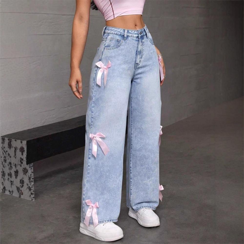 Women's High Rise Wide Leg Jeans Loose Non Stretch Light Wash Denim Trousers Y2K Pink Bow Decor Straight Floor Length Streetwear Casual Long Pants