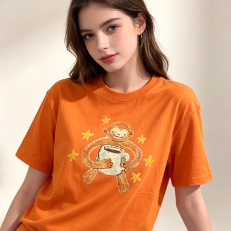 100 Cotton Unisex Round Neck T Shirt Cute Hand Drawn Monkey Hold Cup With Yellow Stars Print Short Sleeve Loose Casual Tee