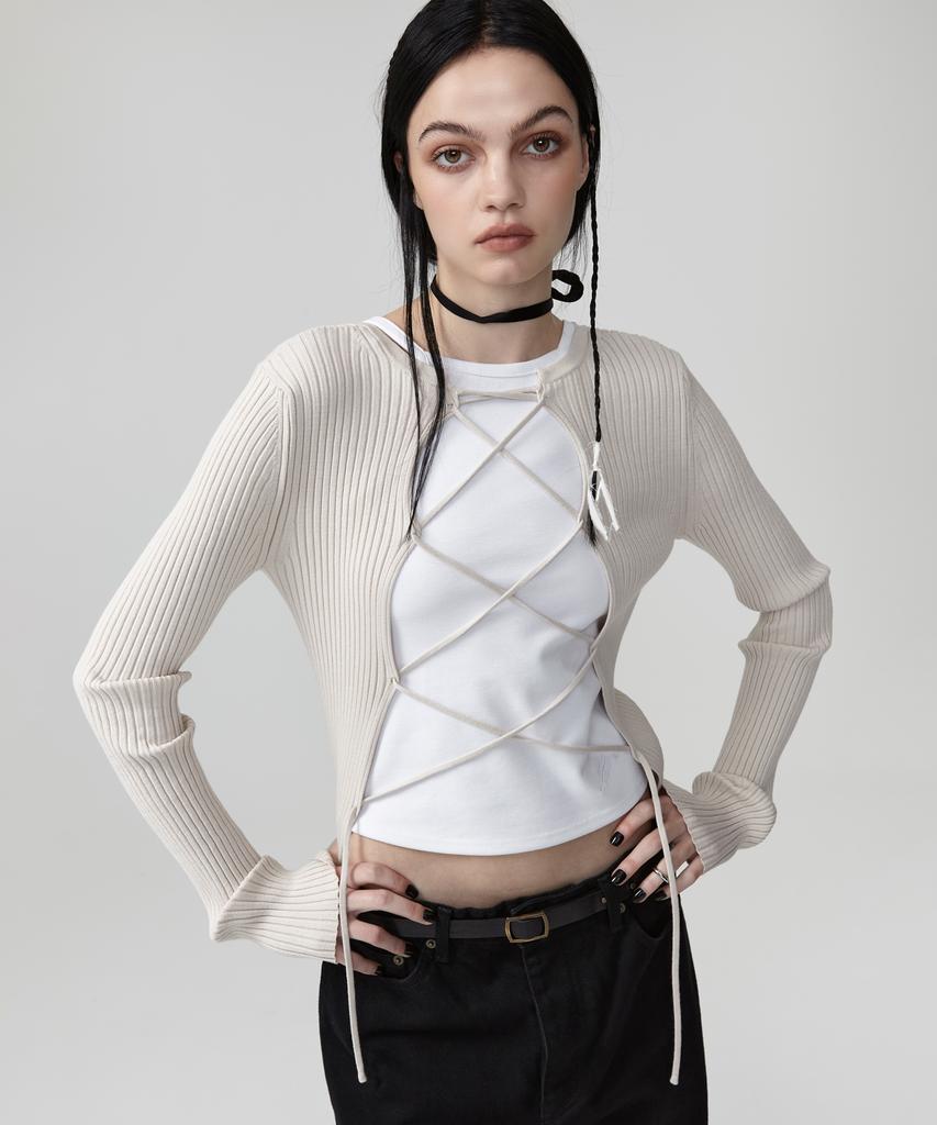 EAN JO Back Strap Ribbed Knit Top (Cream Beige)