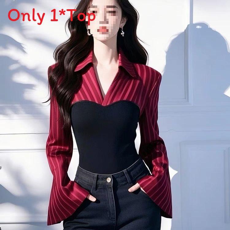 Spring New Blue Stripe Faux Two Piece Shirt With 3d Pattern For Office Wear Women