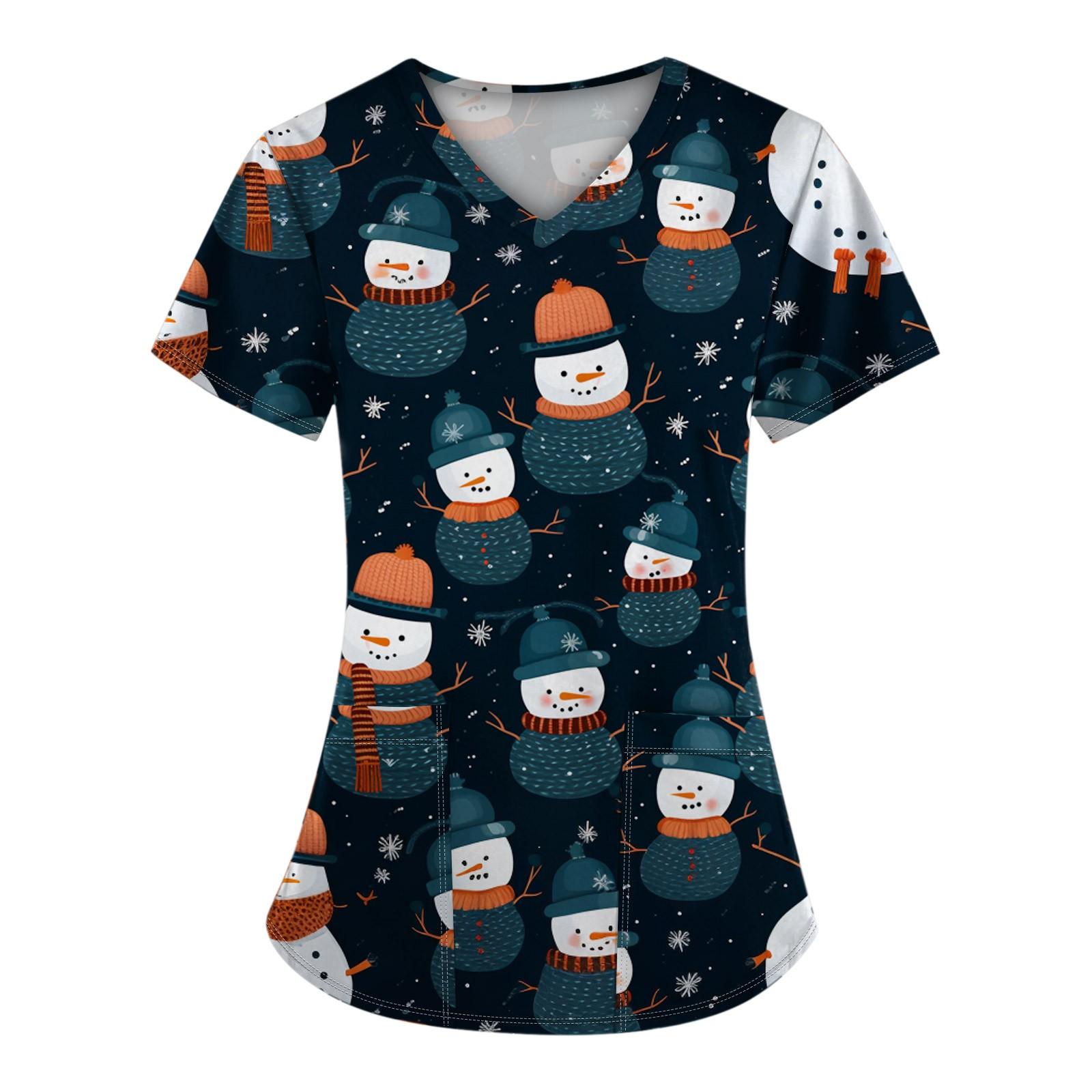 

Женская рождественская печатная рабочая униформа с V-образным вырезом и карманом, защитная униформа M