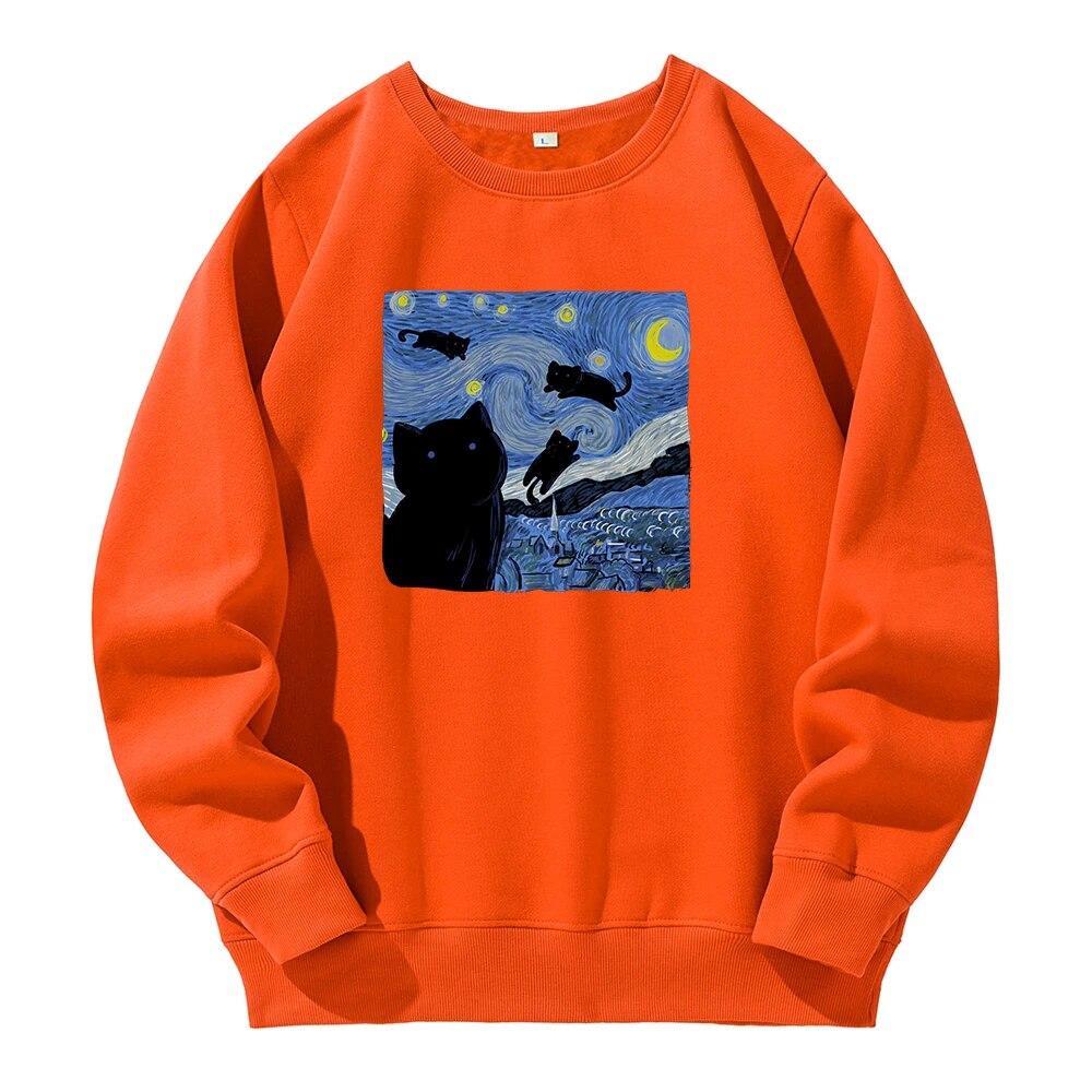 Pictură în ulei Pisică neagră Noapte înstelată Imprimare Glugă Unisex Moda sportivă Noi Hanorace Fleece Hanorac cald Hanorac largi supradimensionat