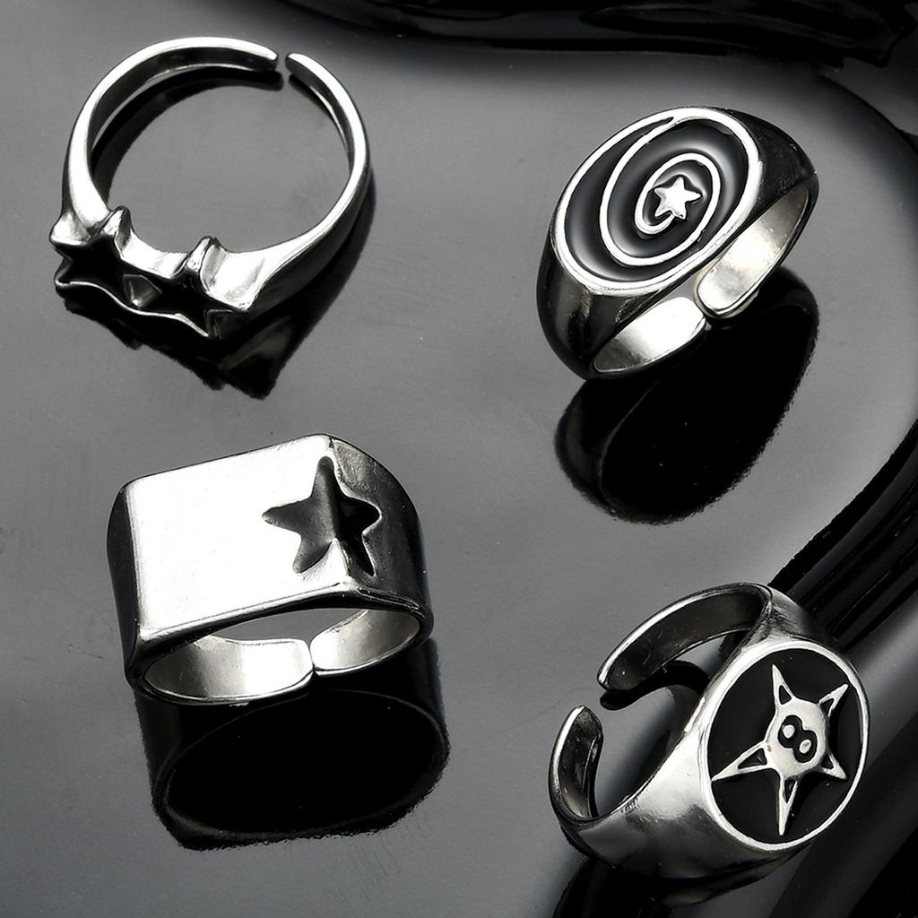 4 Pcs Punk Black Star Rings Set for Women Men Fashion HipHop Silver Color Geometric Thick Finger Ring Y2K Unisex Jewelry Gifts