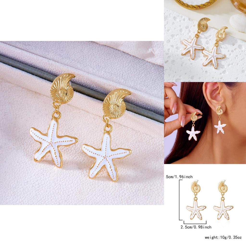 Ocean Theme Alloy Earrings With Starfish And Shell Motif For Women Vacation Fashion