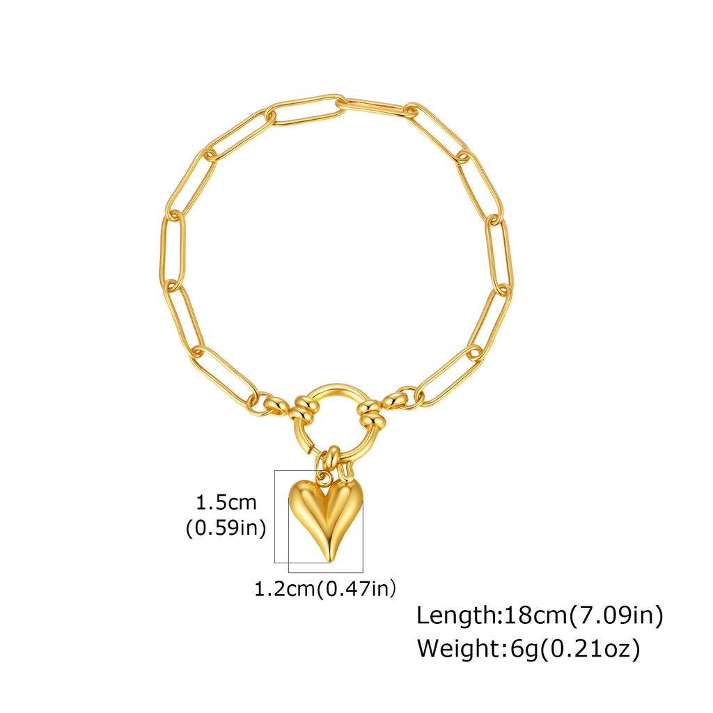 18K Gold Plated Stainless Steel Paperclip Link Chain Bracelet for Women, Spring Clasp Toggle Clasp Zircon Heart Charm Bracelet