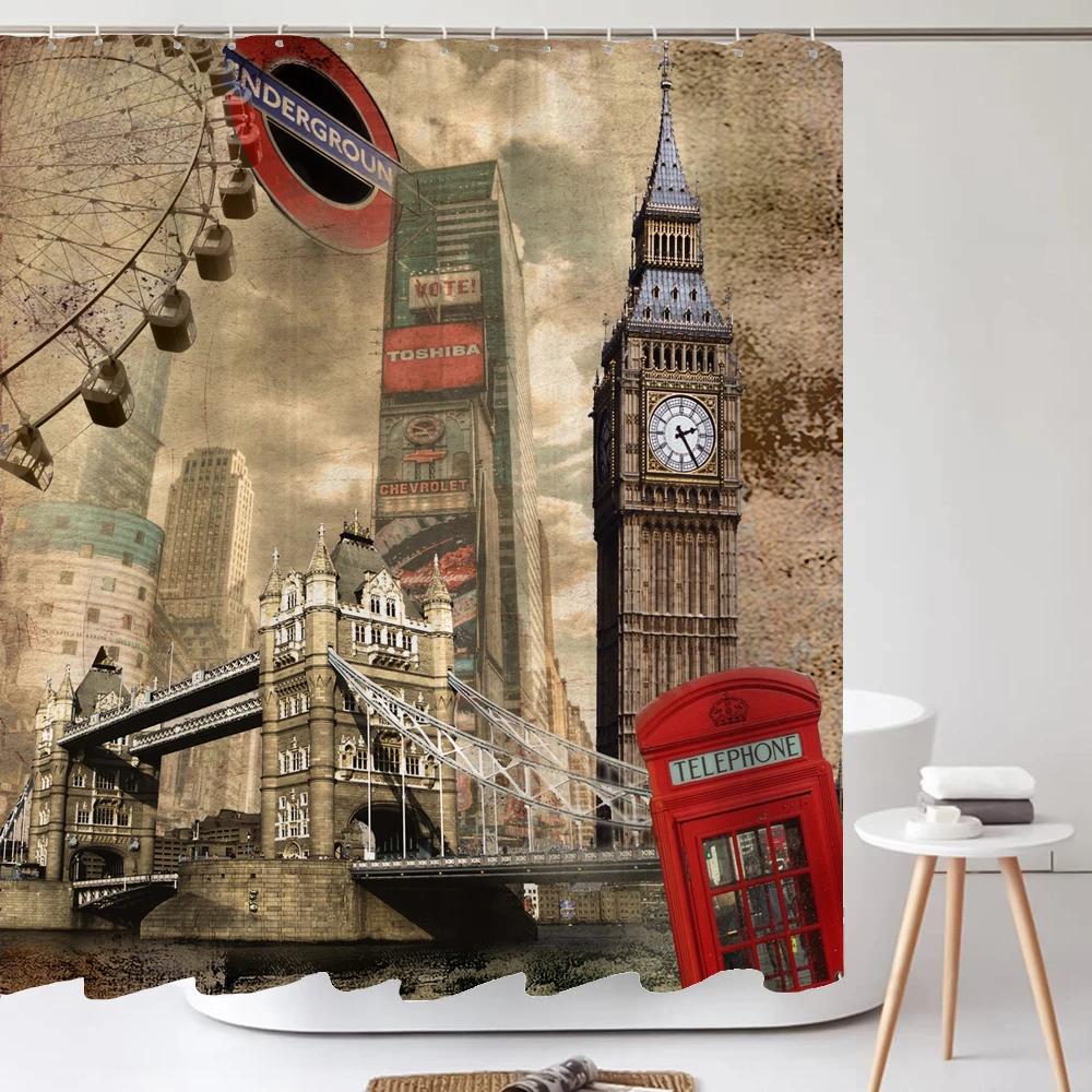 Retro London Tower Bridge Big Ben Duschvorhang Mit Haken - Wasserdichtes Polyestergewebe Zur Dekoration Badezimmervorhang