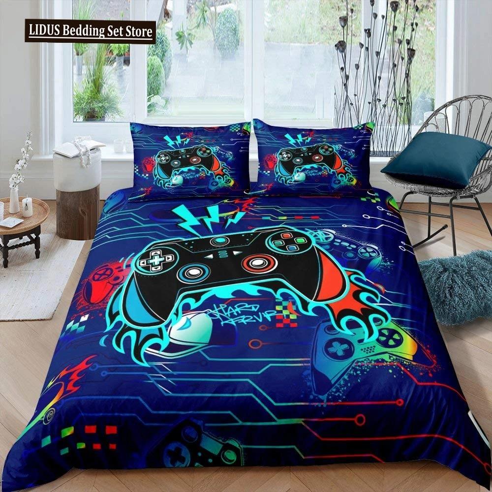 Gaming Duvet Cover Set King Size Gamer Comforter Cover Set Video Game Boys Teens Kids Gamepad Game Controller 3pcs Bedding Set