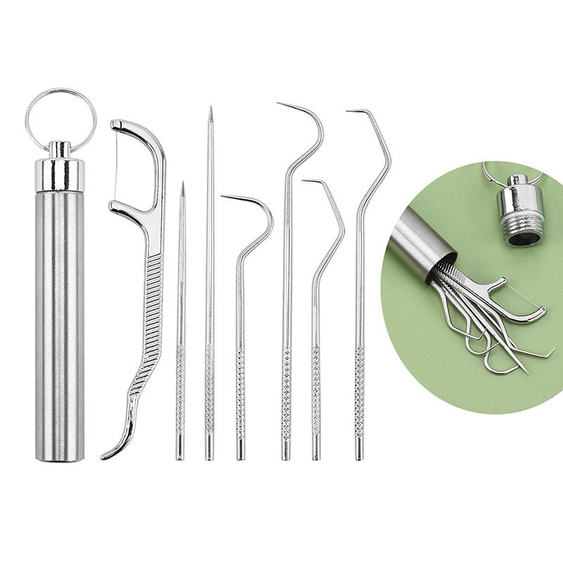 Dental Teeth Pick 7 Pack Stainless Steel Toothpick Kit Dental Tools Tooth Stains Remover Dental Floss Ficks Teeth Cleaning Tools