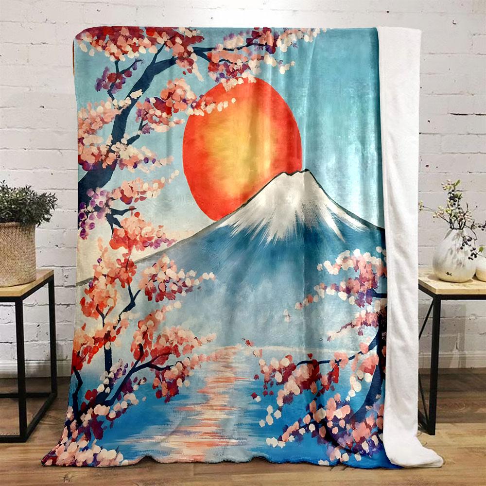 Mount Fuji with Cherry Blossoms Sunset Print Blanket Soft and Cozy Perfect for the Living Room Bed Sofa or a Nap,gift