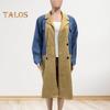 Women Spring Fall Coat Denim Jacket Overcoat Patchwork Double-breasted with Flap Pockets Colorblock Mid Length Lady Overcoat