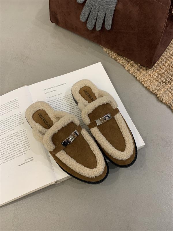 2024 Autumn/Winter Women's Fur-Lined Gold Lock Thick Heel Half Slippers