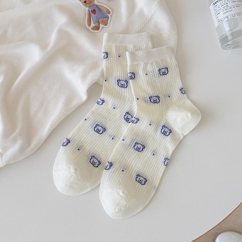 

White Sock - Summer Lightweight Ankle-length Cotton Socks Featuring Cute Little Bear Pattern, with Mesh Ventilation and No Bones. 1 pair
