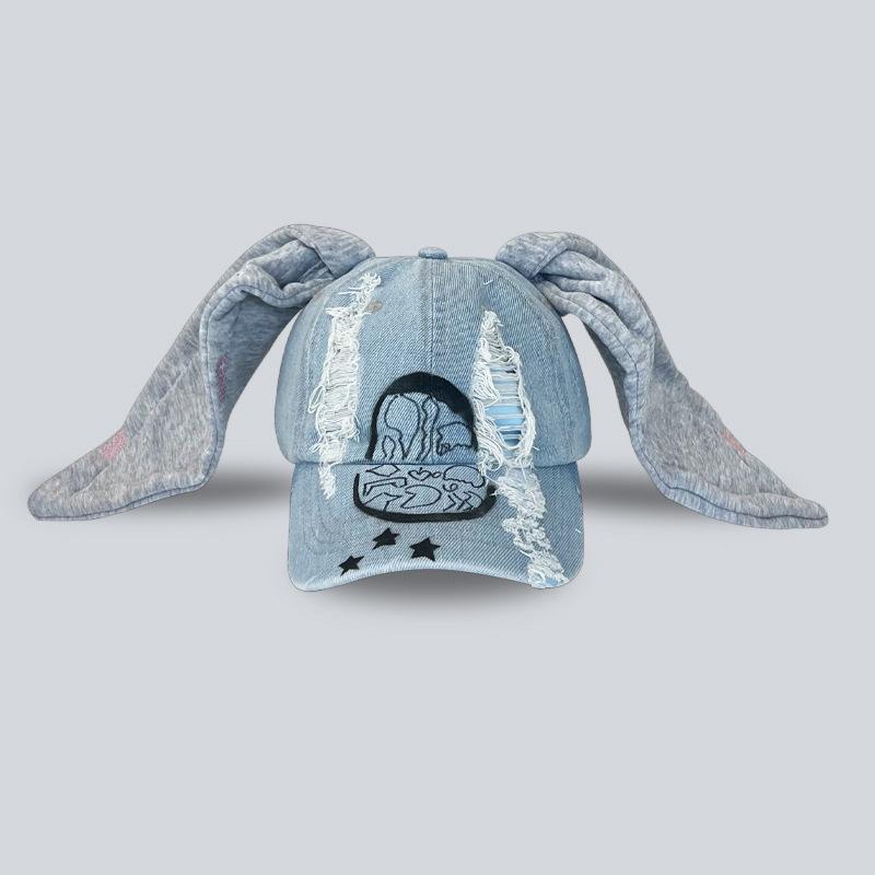 YIRAN Dayang hat Niche Y2K Konijnenoren Denim Gescheurde Baseballpet Mannen En Vrouwen Donkere Persoonlijkheid Metalen Ring Straat Trend Verstelbare Sportpet 54-58cm