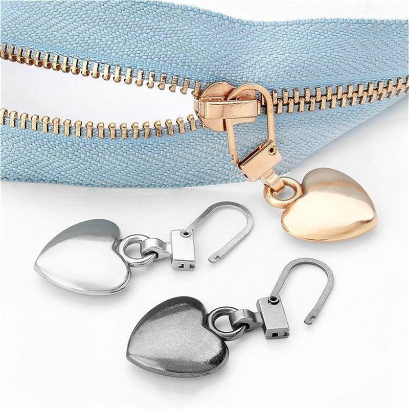 5PCS Sewing Zippers Puller Head Heart Shape Detachable Metal Zipper Slider Repair Kits for Bags Backpack Coat Zipper Pull Tab