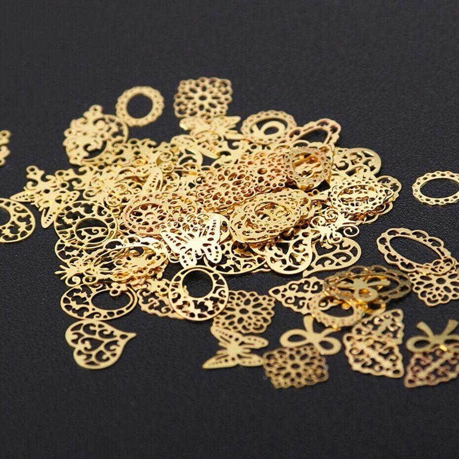 Decorazione vintage con fascino per nail art, paillettes, fiori, farfalle, in metallo dorato, vintage