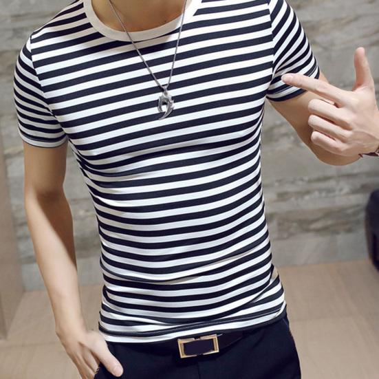 Men T-shirt Contrast Color O Neck Short Sleeve Stripe Print Formal Summer Base Top Male Clothes