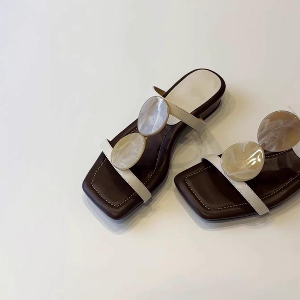 [Fanfna] French One-word Cool Slippers for Women, Open-toed Square Head Temperament Roman Shoes, Flat Beach Shoes for Women