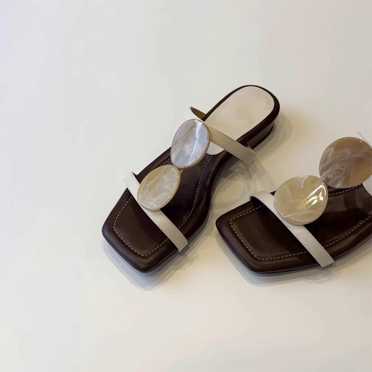 

[Fanfna] French one-word cool slippers for women, open-toed square head temperament Roman shoes, flat beach shoes for women 35