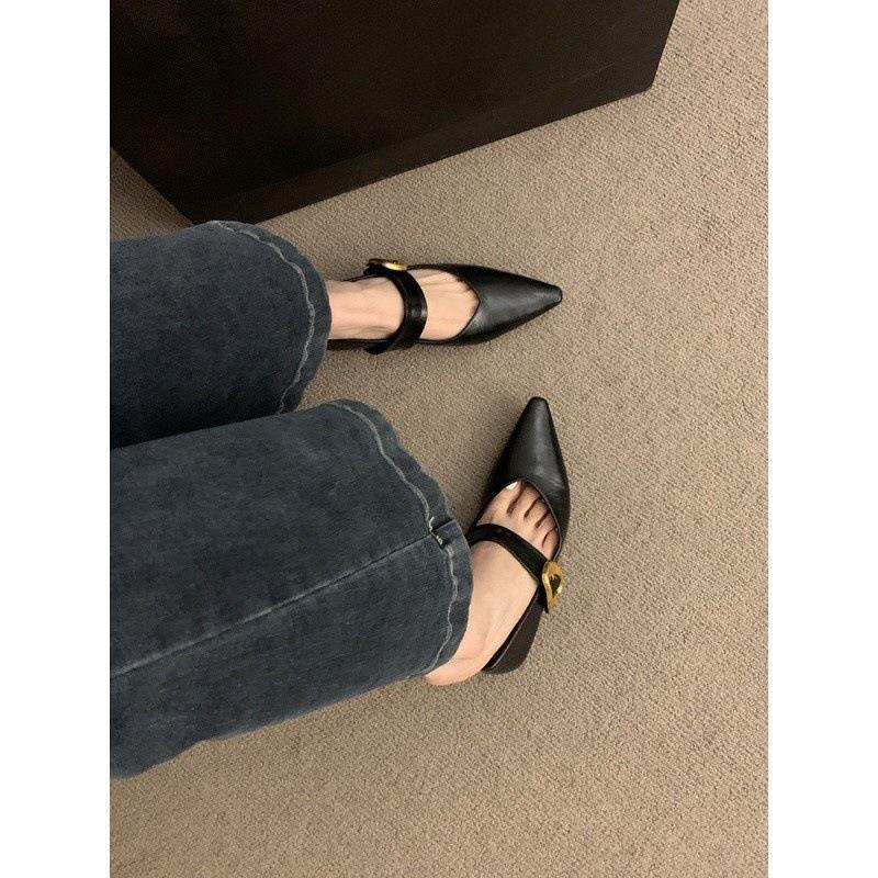 Flat Bottom Pointed Black Single Shoes Women's Shoes Spring and Autumn Low Heel Temperament Mary Jane Small Leather Shoes