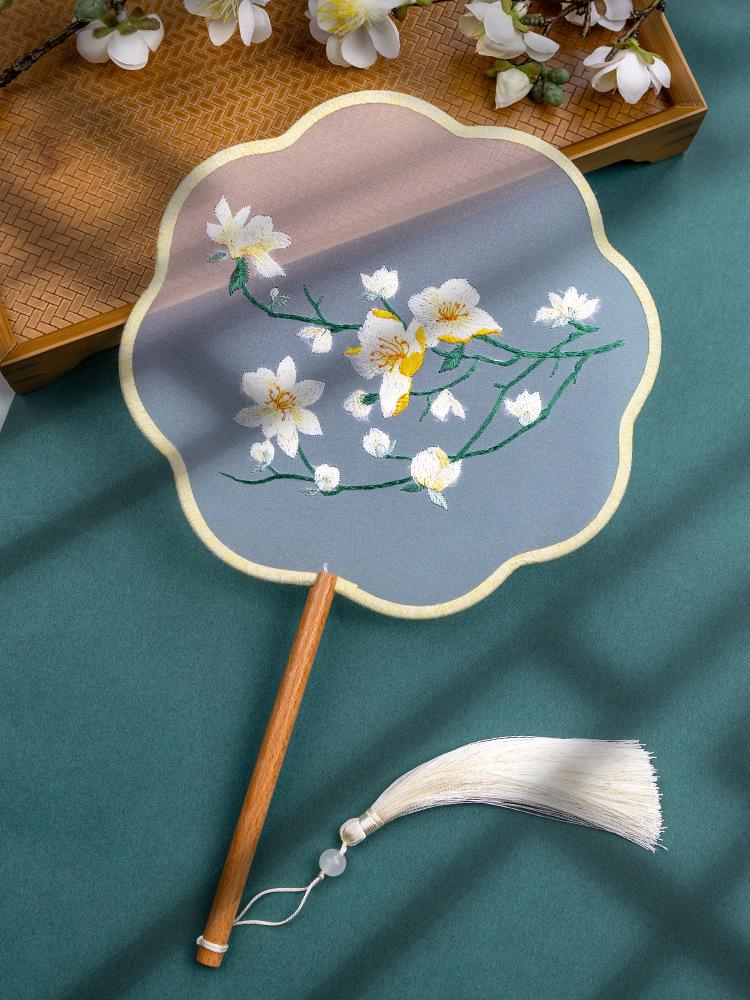 Chinese Embroidered Eight-Petal Round Dance Fan with Tassel - Perfect for Hanfu and Qipao Costumes
