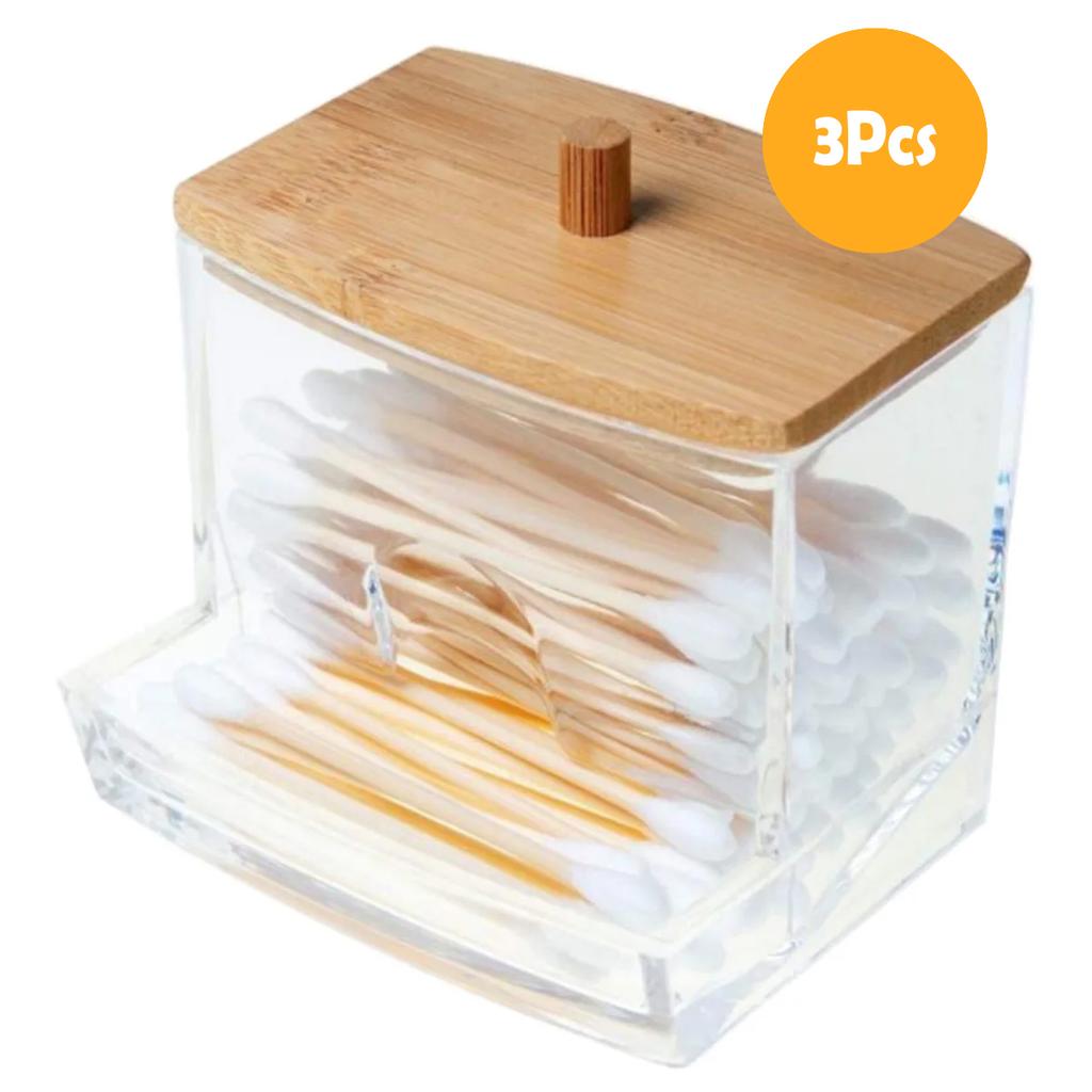 Bathroom Acrylic Storage Box Jar Makeup Organizer Cotton Round Pad Holder Cotton Swab Box Qtip Holder Dispenser with Bamboo Lid