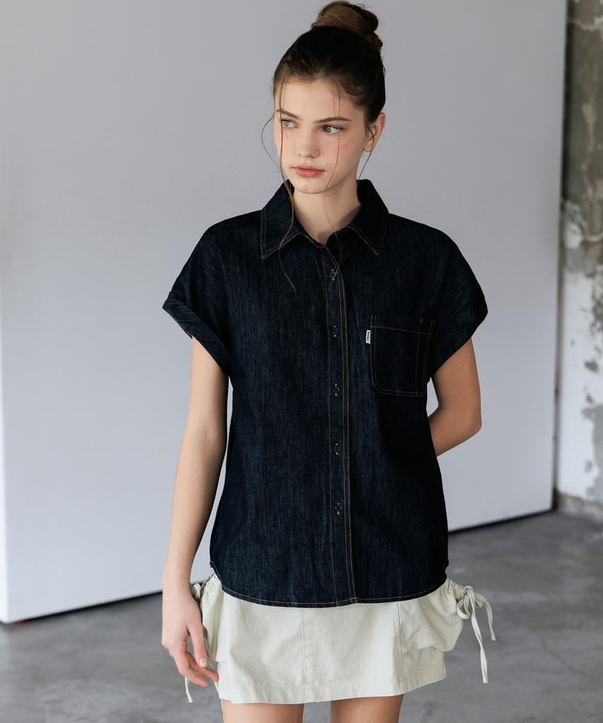 HYFVE Cotton Roll-Up Cap Sleeve Stitch Denim Shirt Blouse