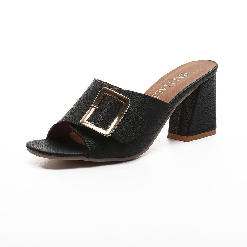 

Европейские и американские туфли на высоком каблуке 2024 года, пряжка на поясе, одно слово, толстый каблук, рыбий рот, повседневные, универсальные, сандалии женские, пятно 40 чёрный