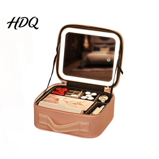 Makeup Bag with LED Mirror USB Charging Case Rechargeable Adjustable Dividers Travel Cosmetic Light-up 3 Color Lights