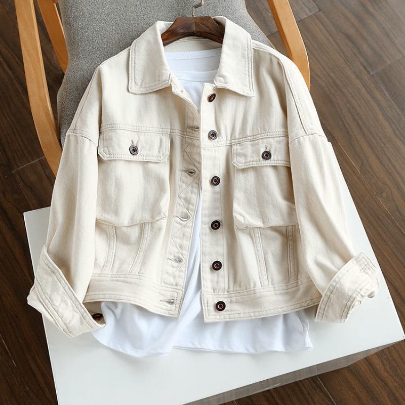 Women's Off-White Cotton Denim Short Jacket - Single-Breasted, Loose Fit, Slimming, for Spring and Autumn