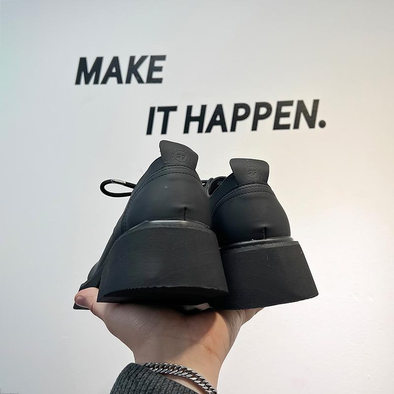 New Men's Black Casual Leather Shoes Big Head Mickey Derby Niche Low-top Thick-soled Heightening Men's Shoes 3208-A