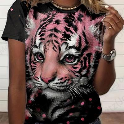 Leopar Kaplan Tişörtleri Hayvan Grafik 3D Baskı Kadın O Yaka Kısa Kollu Tişört Y2k Harajuku Sokak Giyimi Tişört Üst Kadın Giyim