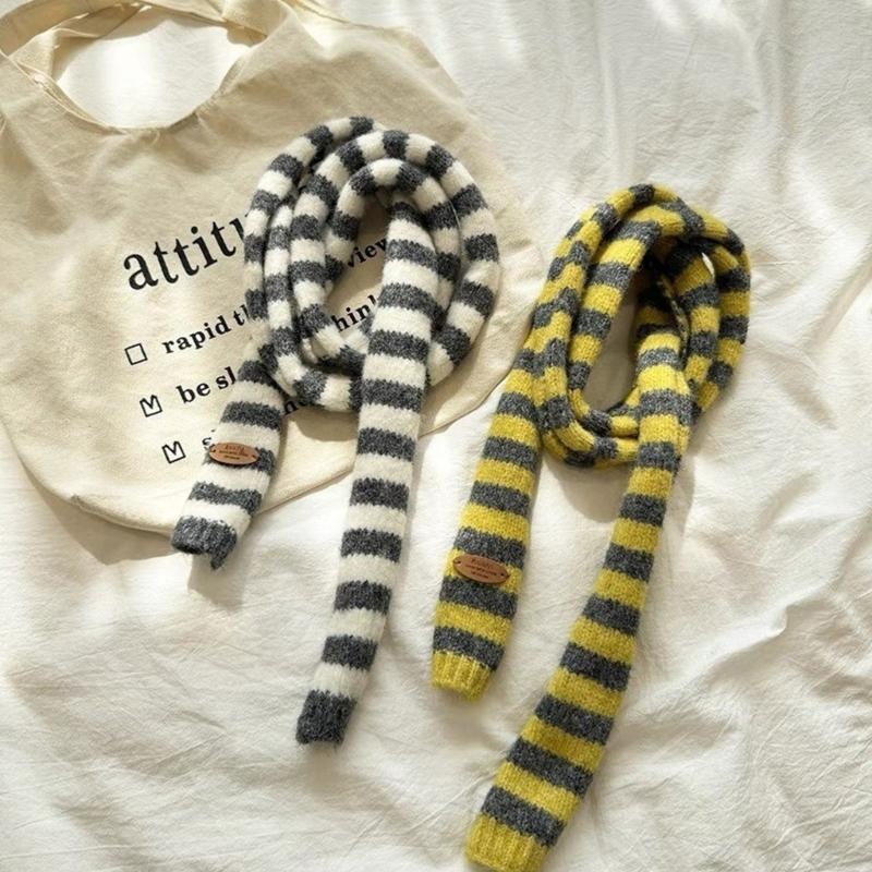 Striped Knit Scarf Unisex Winter Accessory Soft Polyester Fashionable Narrow Long Neck Scarf For Men And Women