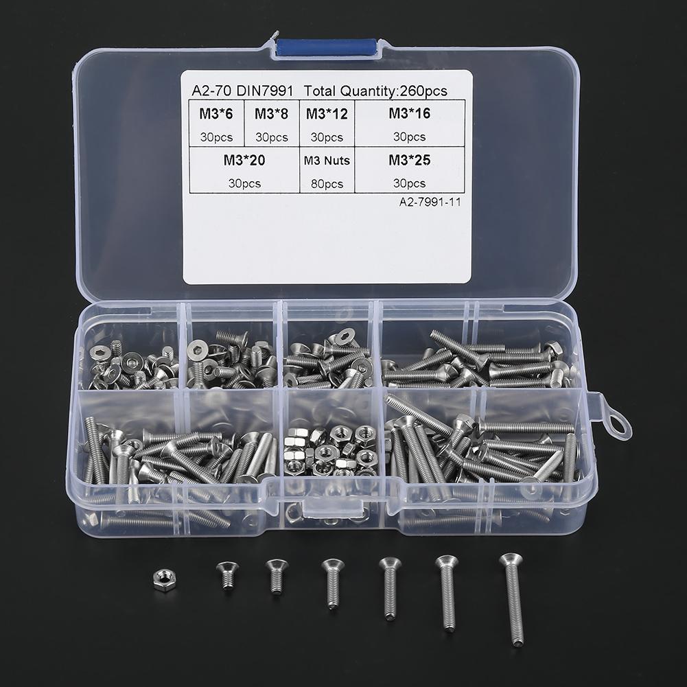 260pcs M3 304 Stainless Steel Flat Head Hex Socket Screw   Nuts Kit, Designed for Industrial and Construction Fasteners